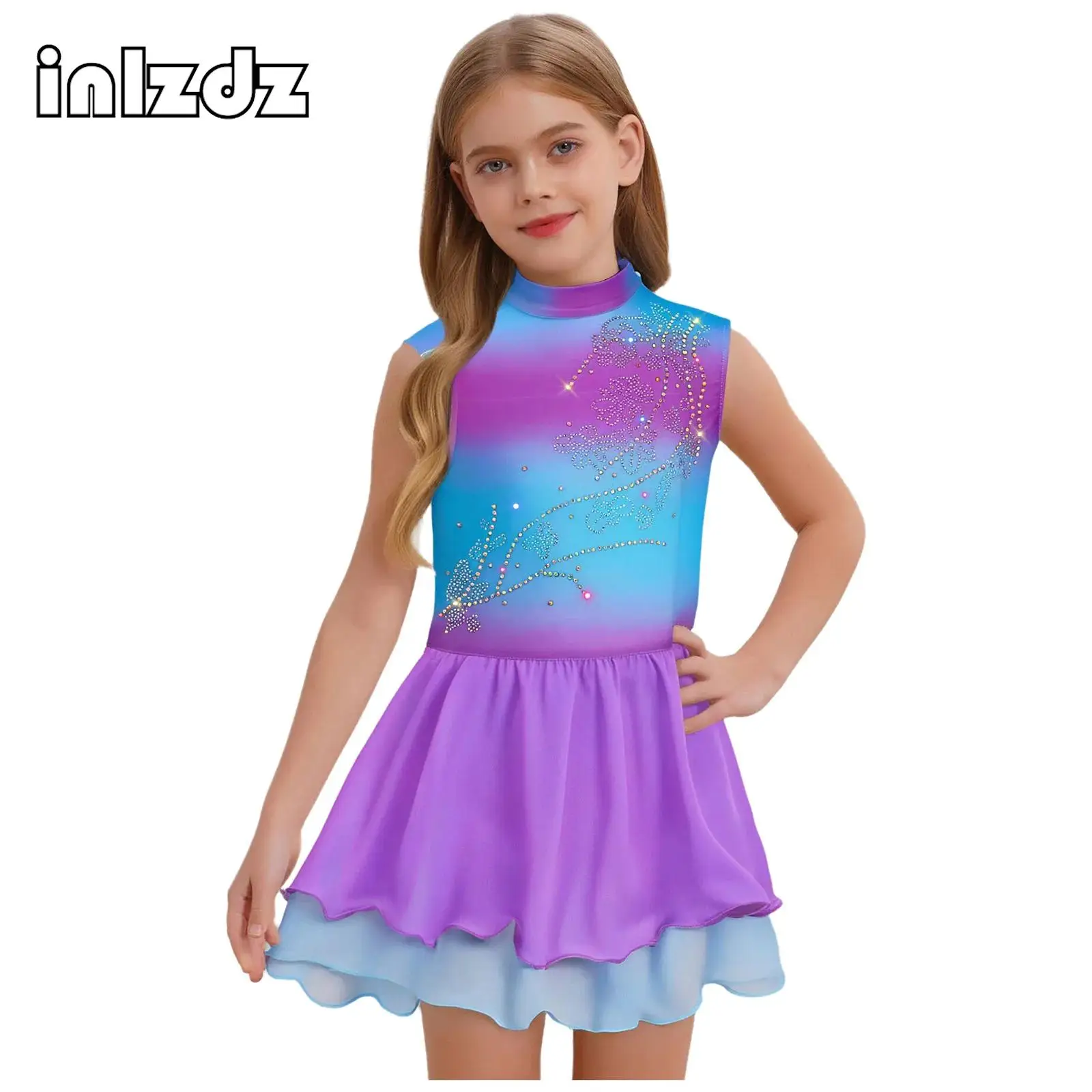 

Kids Girls Figure Ice Skating Ballet Dance Dress Sleeveless Sparkly Rhinestones Gradient Dress Performance Competition Costume