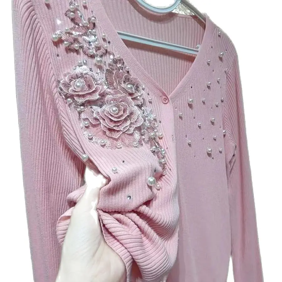 Luxury Beaded Flowers Stitch Autumn 2024 Knitted Cardigan Women Heavy Industry Pearl 3D Flower Sweater Outwear Top