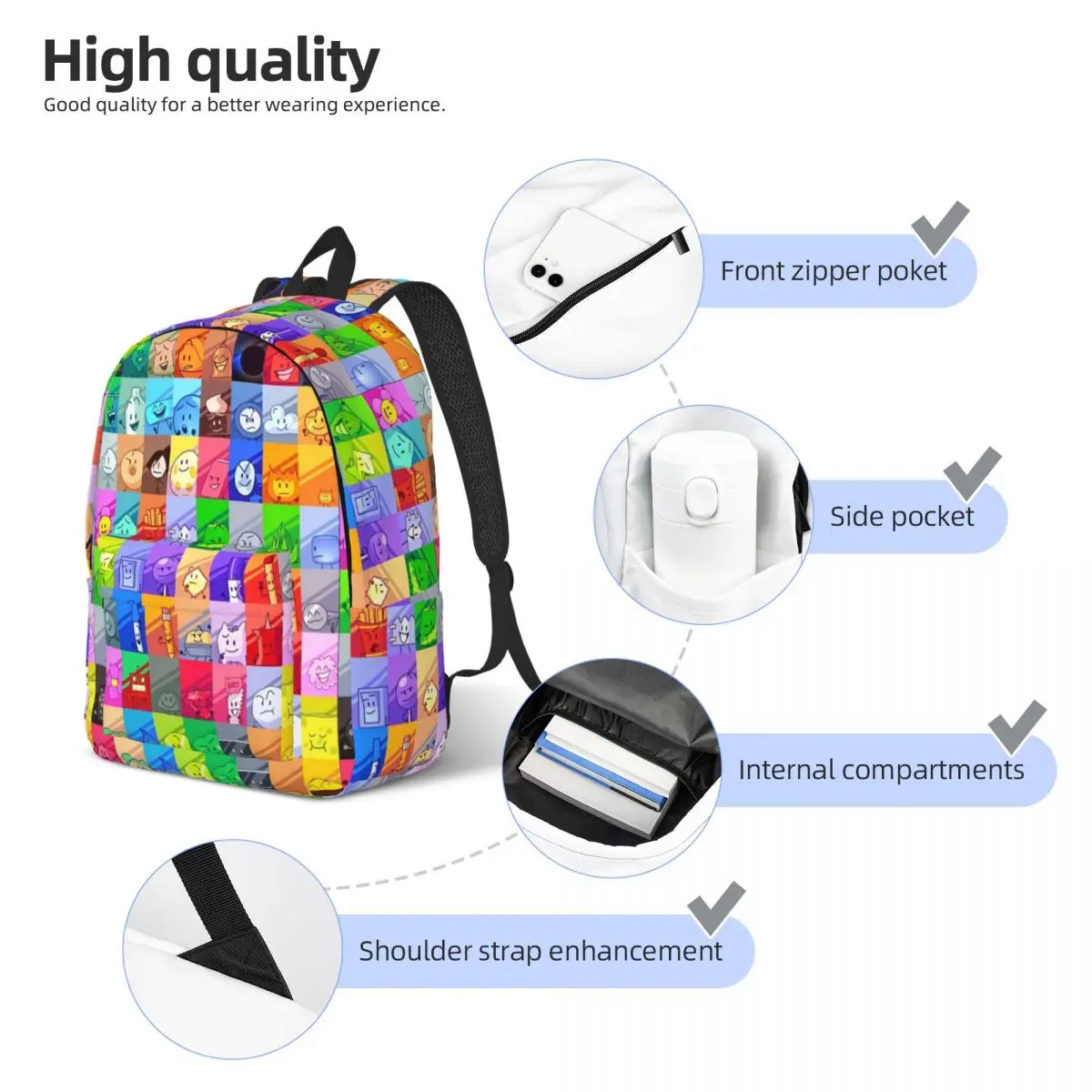 BFDI Inanimate Insanity Characters Casual Backpack Lightweight School Hiking Travel Battle Daypack Men Women Laptop Canvas Bags