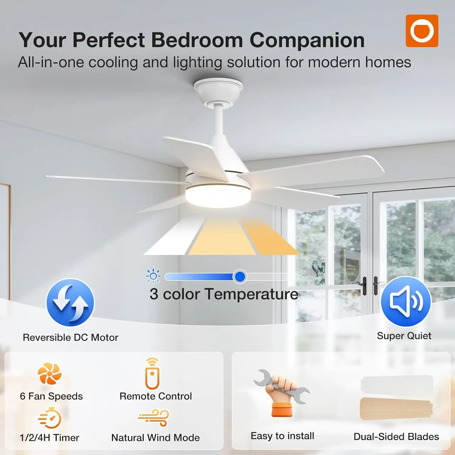 Ceiling Fan with Lights and Remote Control, 42-Inch, White