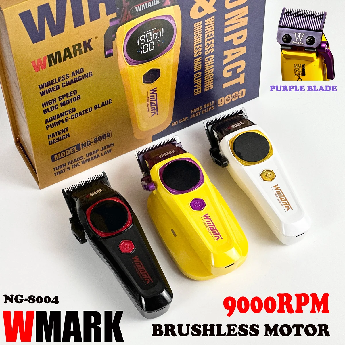 

WMARK NG 8004 Professional Hair Clipper 9000RPM Brushless Motor Wireless Charger DLC FADE Blade High Speed Barber Trimmer