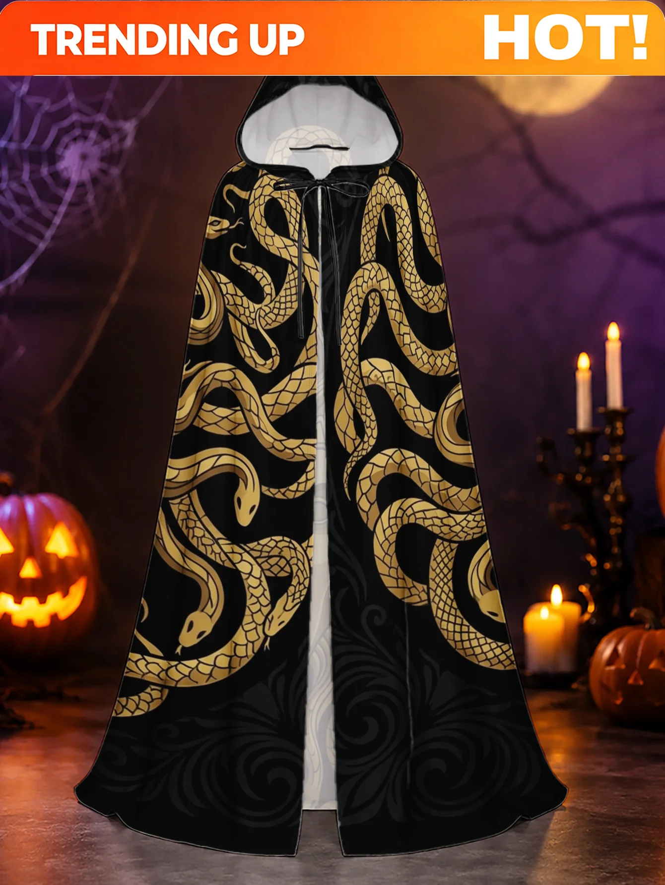Customization 1pc Men' Adult Hooded Robe & Cape Costume With Mythical Golden Serpent Pattern - Stretchable Polyester Hooded Cape