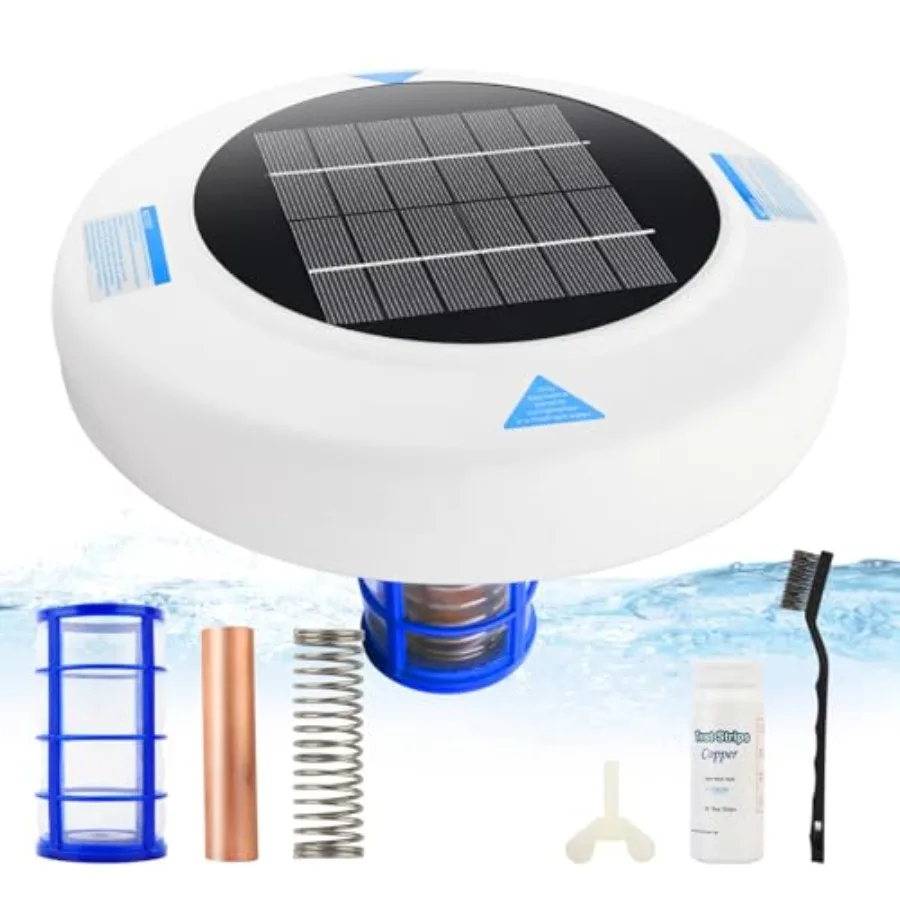 

Solar pool ionizer for residential pools up to 45, 000 gallons: heavy-duty copper anode, oversized solar panel, crystal clear w
