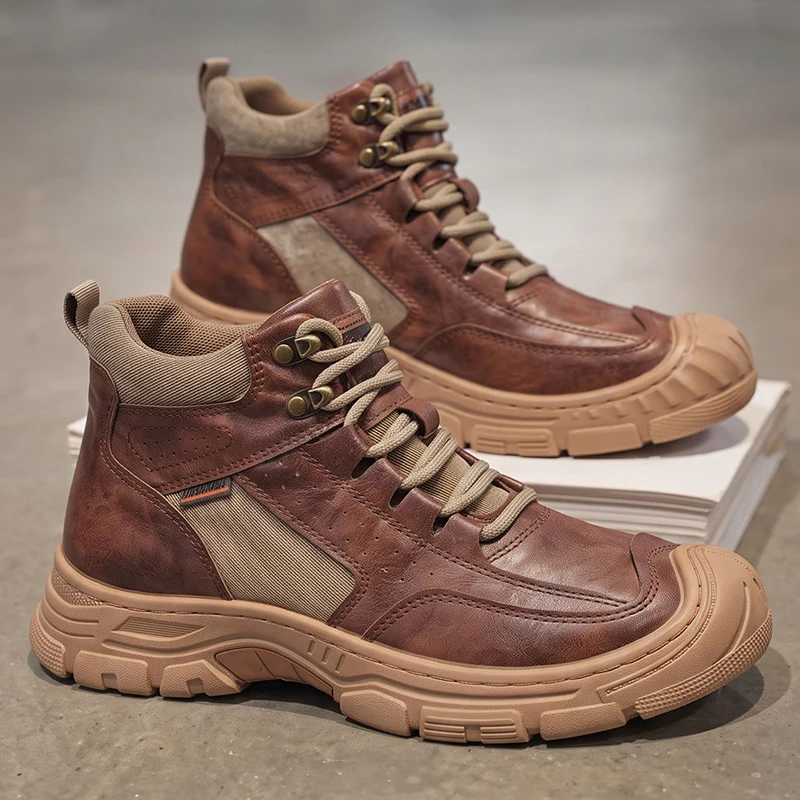Men's High-top Ankle Boots Leather Splicing Upper Lace-up Thick Non-slip Rubber Sole Wear-resistant Comfort Working Footwear