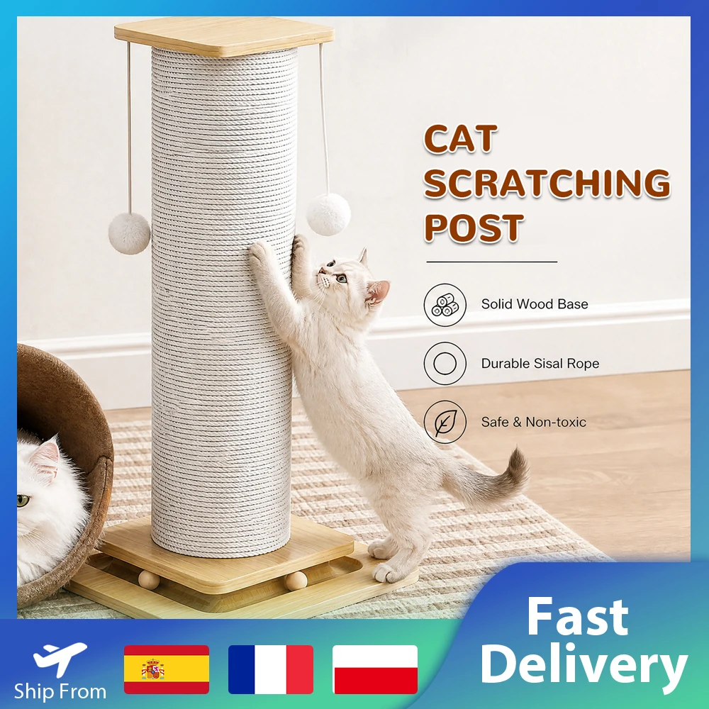 Giocattolo per gatti in legno massello, girandisca per gatti, divertente bastoncino con palline, robusta scrivania in sisal per graffiare, accessori per gatti, colonna per gatti con pallina sospesa.