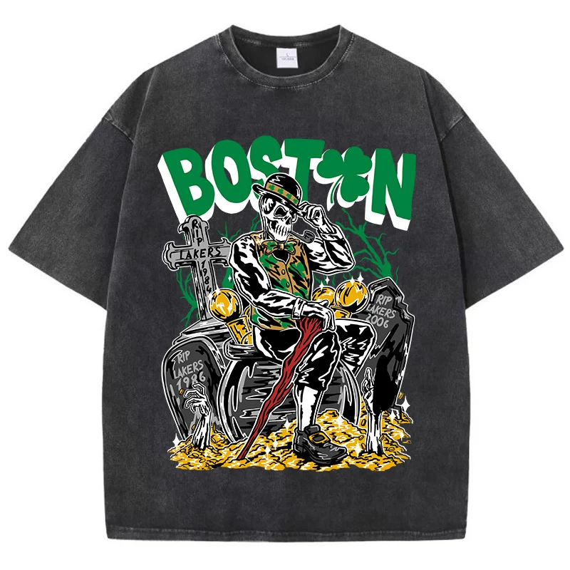 

American Vintage T-Shirts For men/Women Boston Skeletons Smoking Cotton Tshirt Wash With Old Water Personality Tee Clothing New