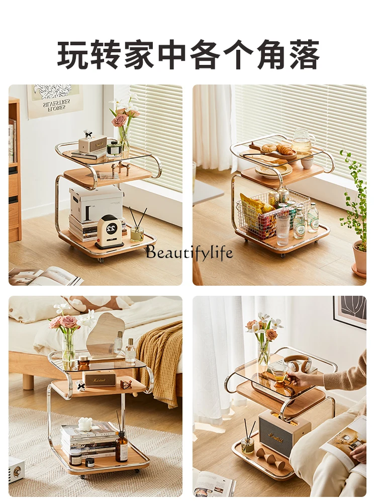 Small Apartment Living Room Sofa Movable Shelves Glass with Wheels Trolley