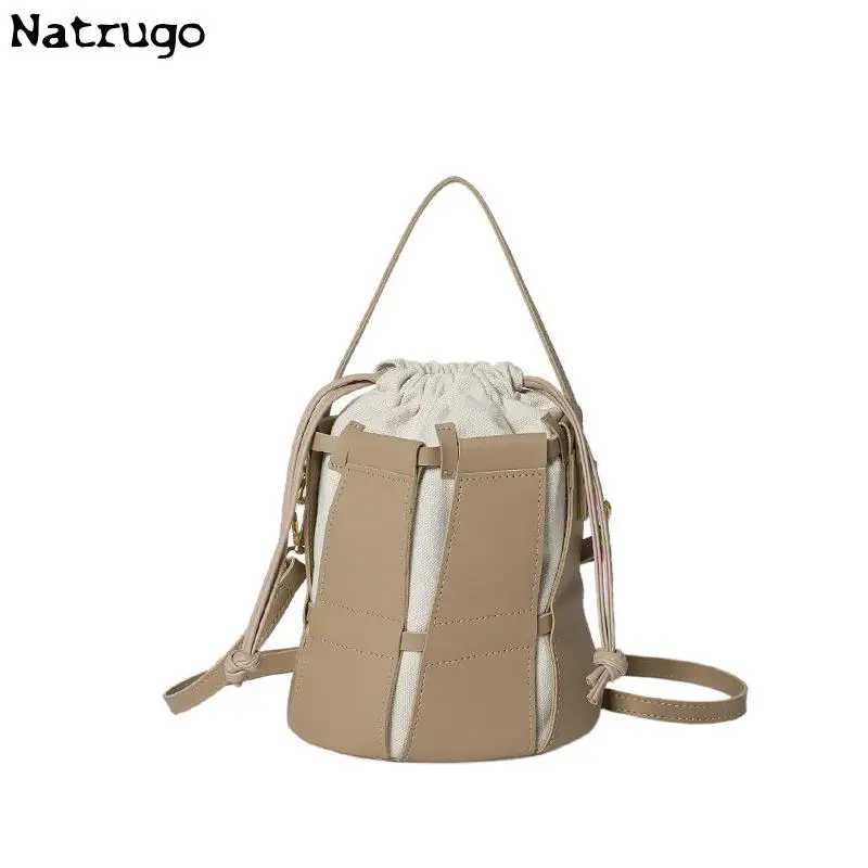 Women\'s Bag 2023 New Cross-body Bag Leather Splicing Portable Bucket Bag Girl\'s Handbag Shopping Cylindrical Bag