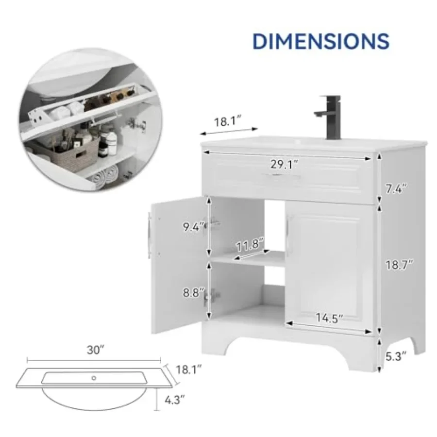 30 Bathroom Vanity Sink Combo for Modern Bathrooms, MDF with Ceramic Basin, White Finish, Scratch-Resistant and Easy-Clean Surf