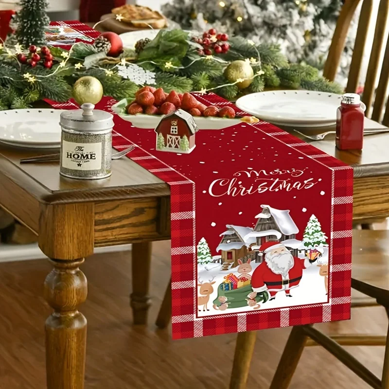 Merry Christmas Santa Claus Linen Table Runner Holiday Party Decor Winter Xmas Trees Snown Table Runners Christmas Decorations