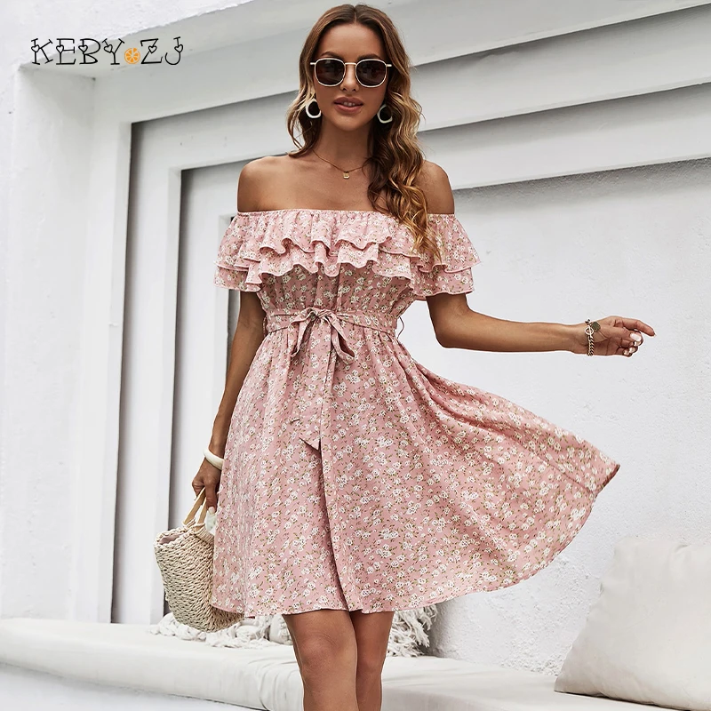 2022 Summer Women's Dress Casual Ruffle Off The Shoulder Elegant Pink Floral Print Dress Female New Sweet BeachFashion Clothes