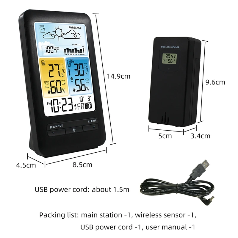 Wireless Table Weather Station Color LCD Digital Temperature Humidity Monitor Moon Phase Barometer Forecast Sensor Alarm Clock