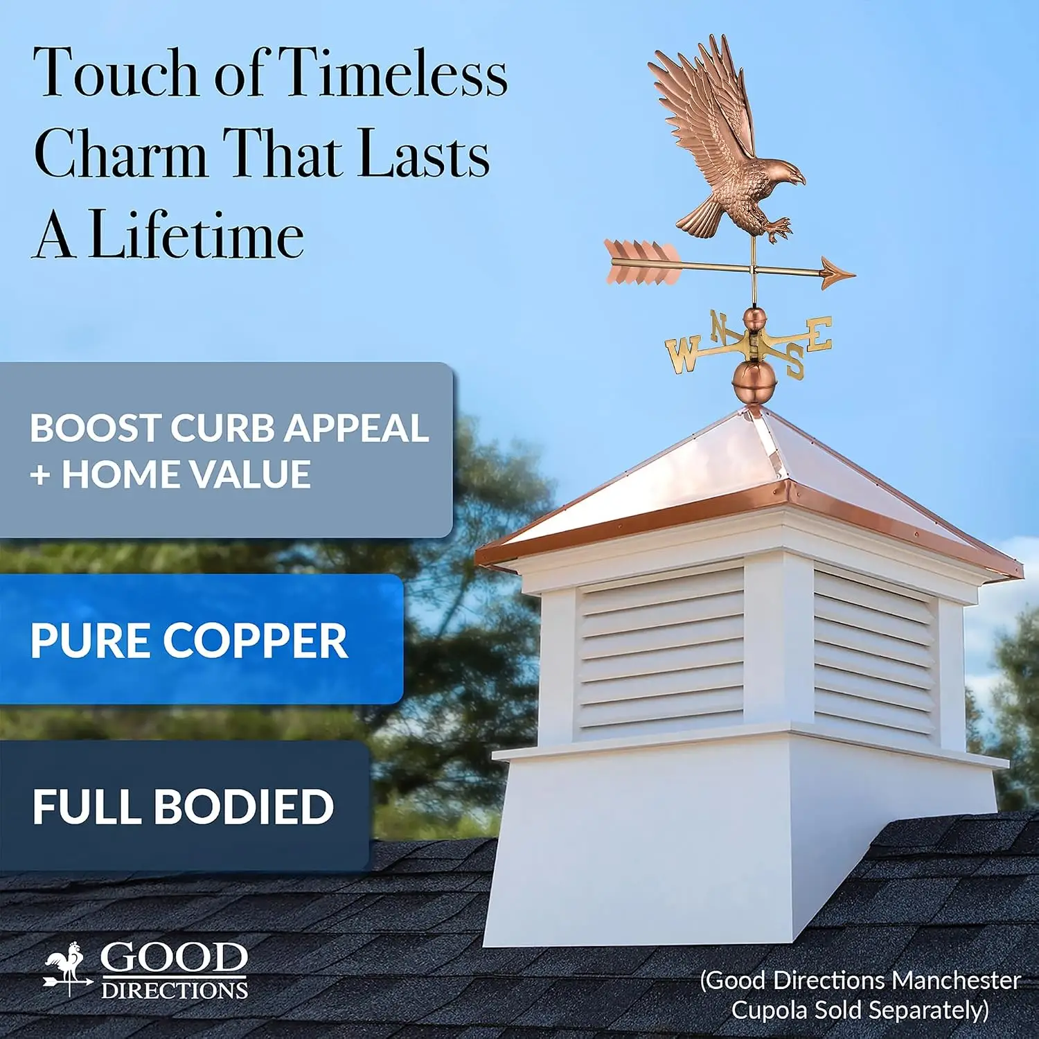American Bald Eagle Copper Weathervane, Includes Adjustable Roof Mount for Easy Installation - Hand-Polished Copper, Customized 4