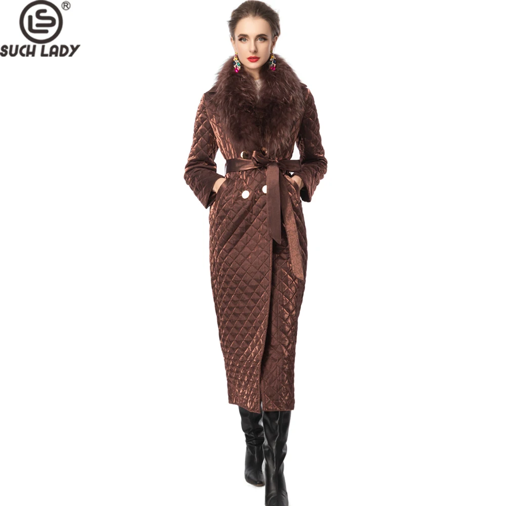 

Women's Luxury Quilted Long Trench Coat with Detachable Fur Collar, Belted Waist & Satin Trim - Elegant Winter Outerwear