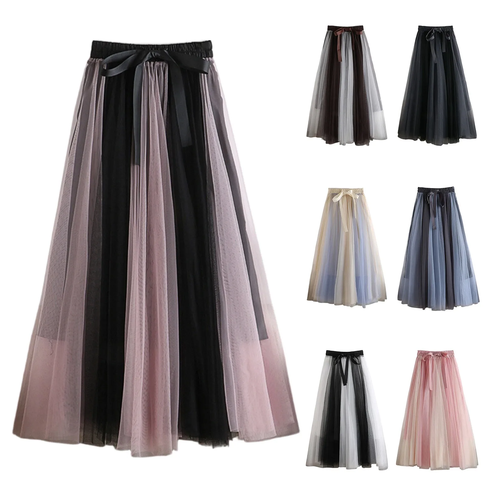 

Women Mesh Color blocked High Waist Fairy Half Skirt Pleated Tulle Harajuku Korean Style Y2K Puffy A-line Skirt