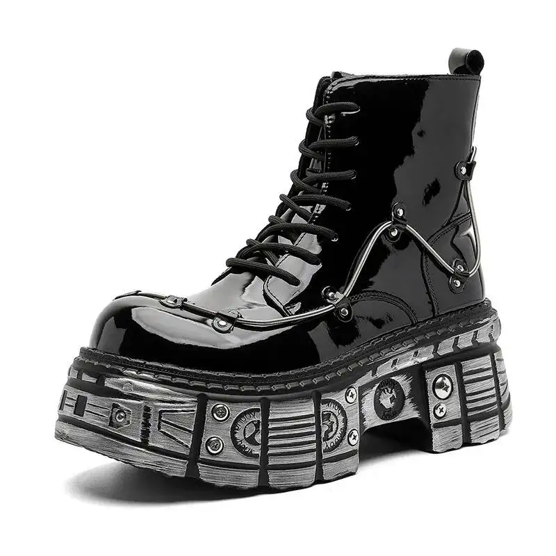 

Gothic Punk Style Flame Patchwork Round Toe Thick Sole Platform Chunky Heels Men Ankle Boots Lace Up Western Street Casual Shoes