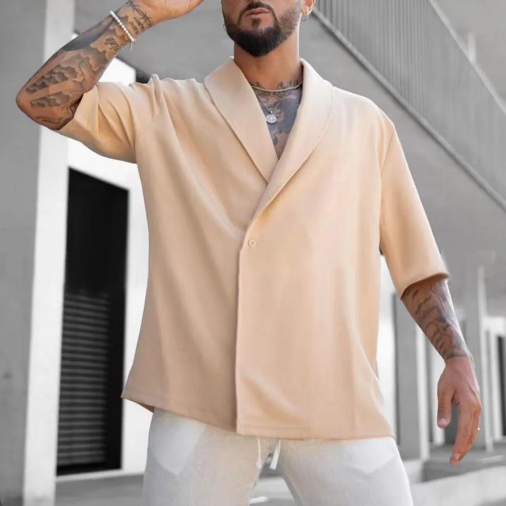 

Mens Short Sleeved Daily Elegant Solid Half Sleeves Fashion Business Casual Outer Simple Large Lapel Shirt Summer Top 2024 New