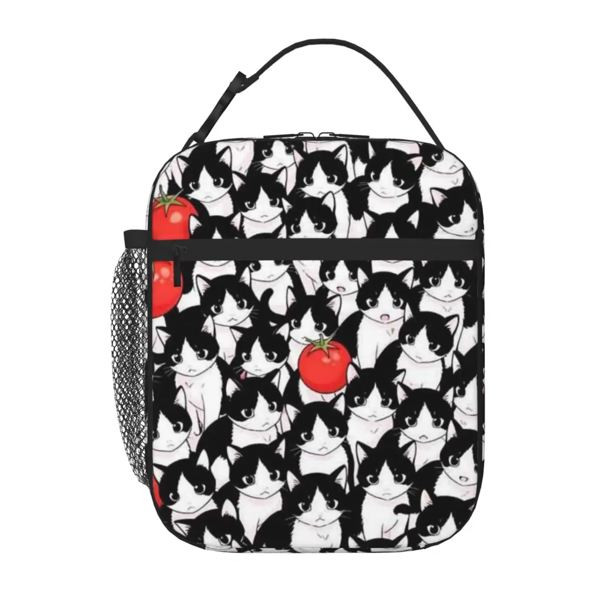 Bestselling Tuxedo Cats And Tomatoes Anime Style Cute Pattern Design Rugged Nylon Lunch Bag Desk Dining Thermal Food Carrier