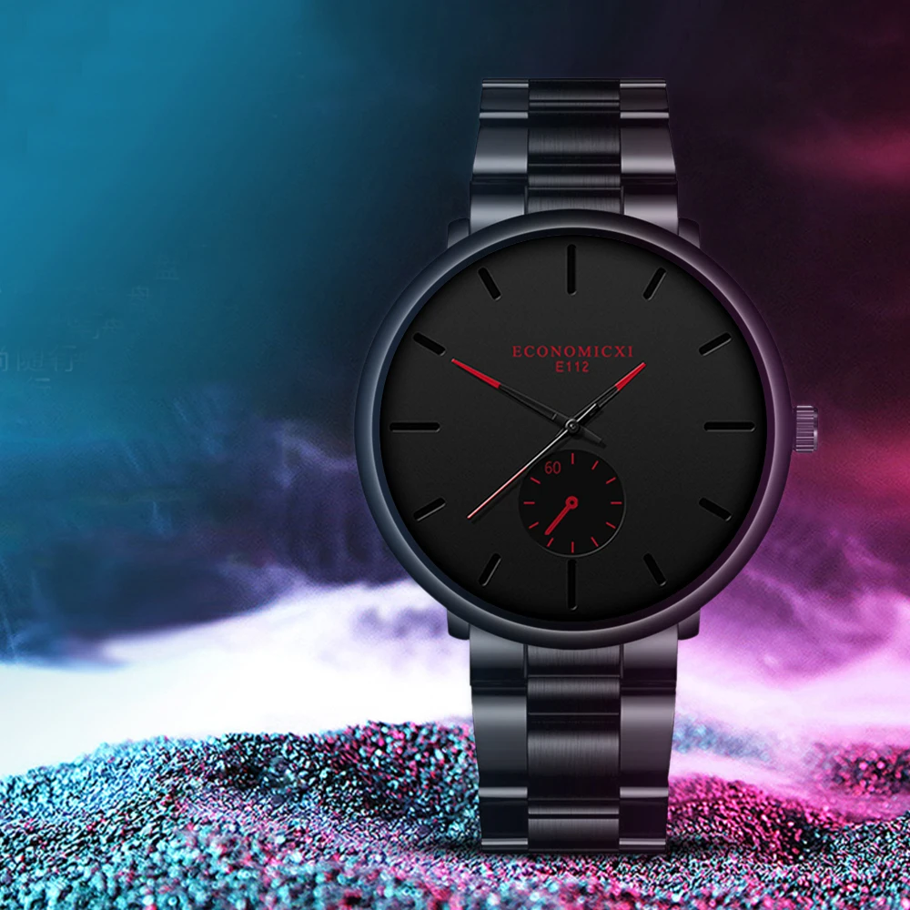 3Pcs Men\'s Casual Simple Business Three-eye Digital Pointer Steel Band Quartz Watch Fashion Cross Necklace Bracelet Set