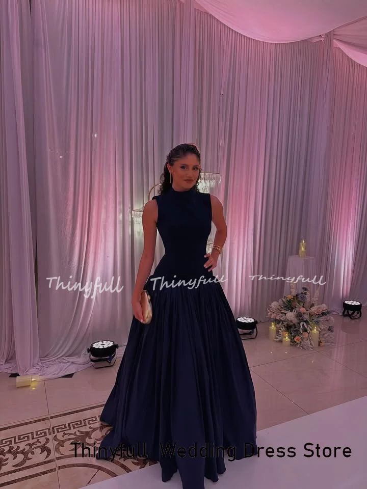 Thinyfull a-line ساتان فساتين لحضور الحفلات الموسيقية رقبة عالية بدون أكمام فستان سهرة طول الأرض فستان رسمي رداء De Soirée مخصص