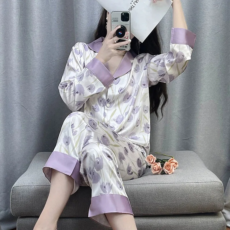 Women\'s Pajamas Sets Spring Autumn 2 Piece Tulip Floral Pyjama Faux Silk Satin Sleepwear Long Sleeve Pijama Mujer Pjs Homewear