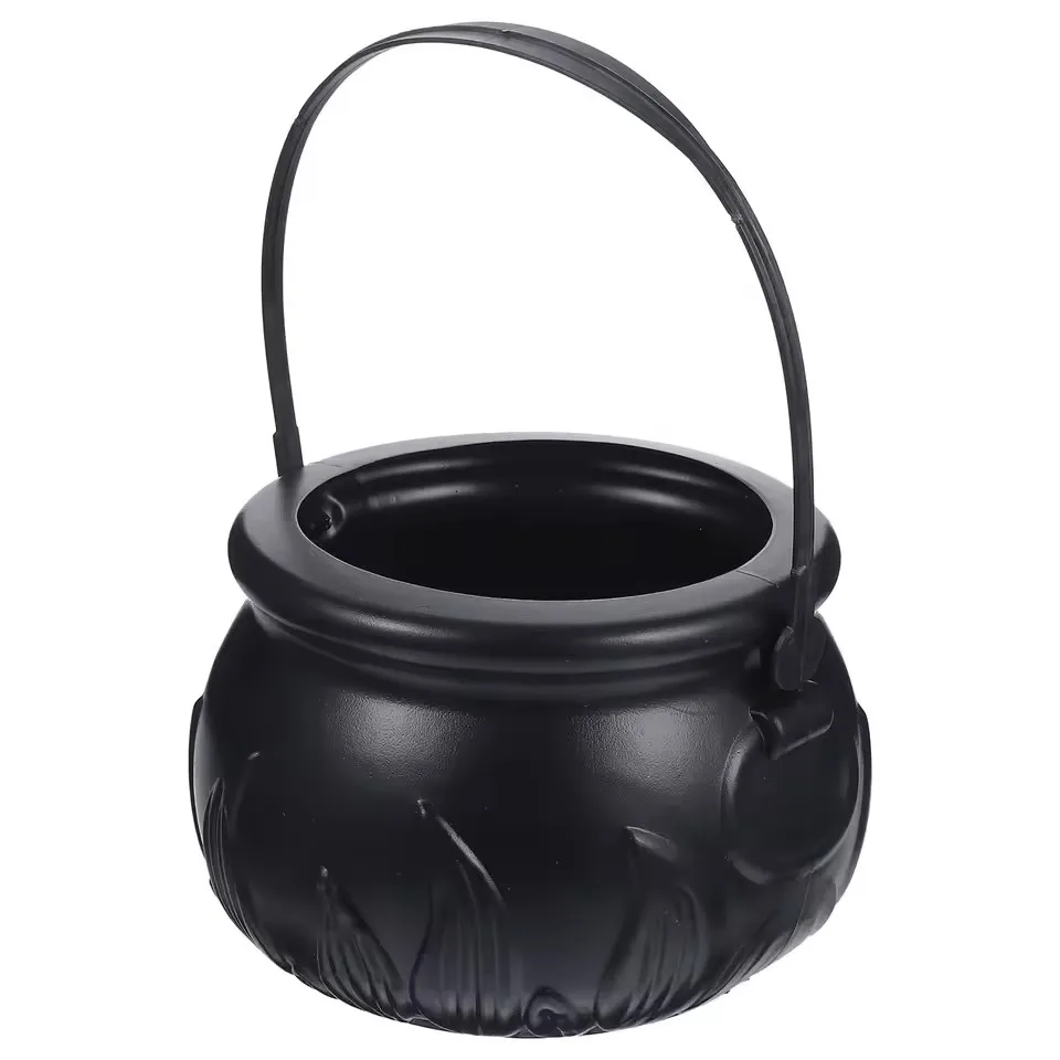 Decoraciones temáticas de Halloween Cubo de bruja de gran tamaño Cesta redonda de plástico Cubo de caldero de dulces Cesta de bruja Cesta de plástico negro