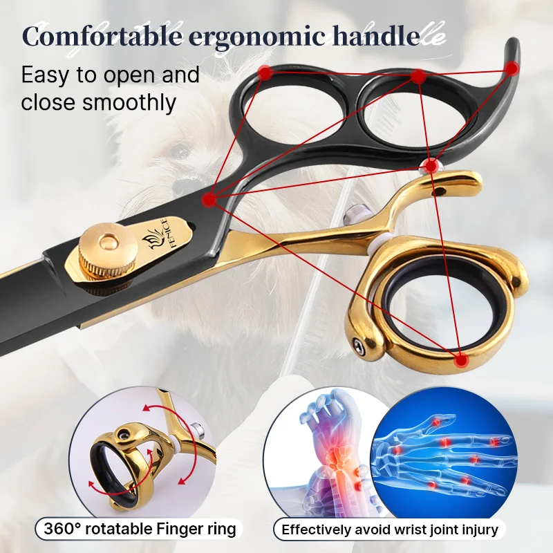 Fenice Professional Dog Scissors JP440C 7.0/8.0 inch 3-hole handle swivel black gold straight cutting pet grooming scissors