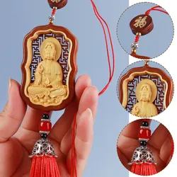 New Wood Carved Buddha Pendant Lucky Blessing Red Tassel Car Rearview Mirror Hangings Interior Decoration Car Accessories Gift