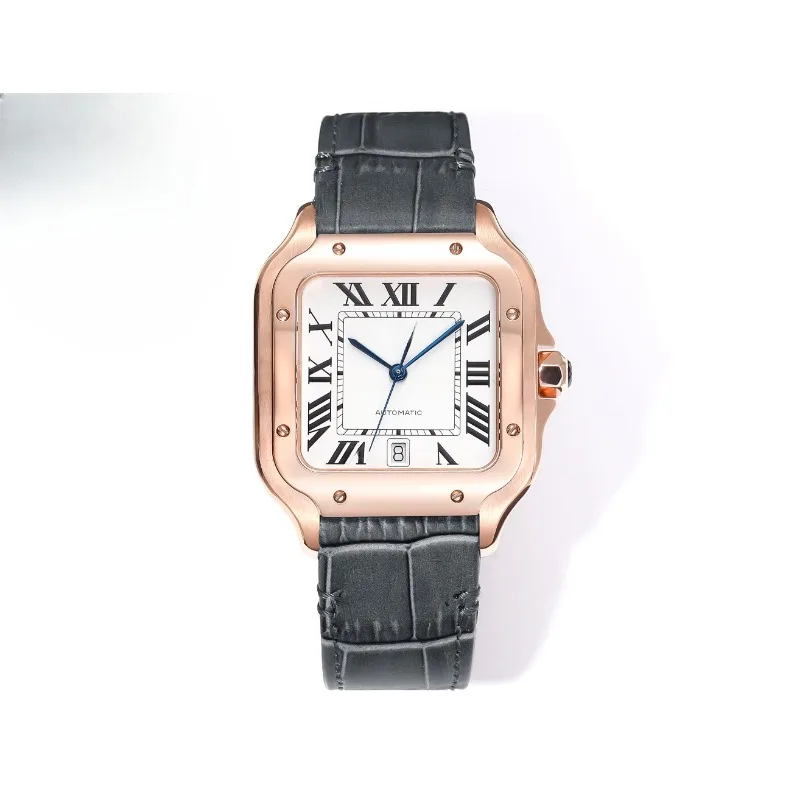 Relógio masculino luxuoso, requintado e requintado da série Santos de couro genuíno de 42 mm