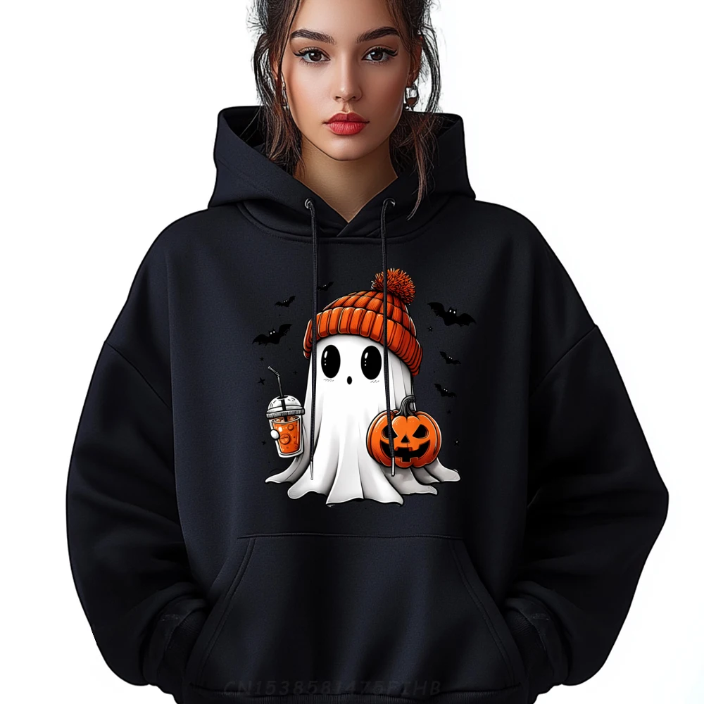 

Cute Ghost Drinking Coffee Halloween Ghost Ice Coffee Clothing Mens Luxury Hoodie Leisure