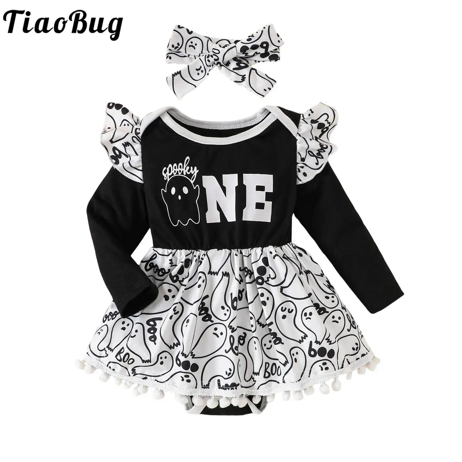 Newborn Baby Girls 1st Halloween Clothes Cute Ghost Romper Dress Tutu Bodysuit with Headband Carnival Party Dress Up Costume