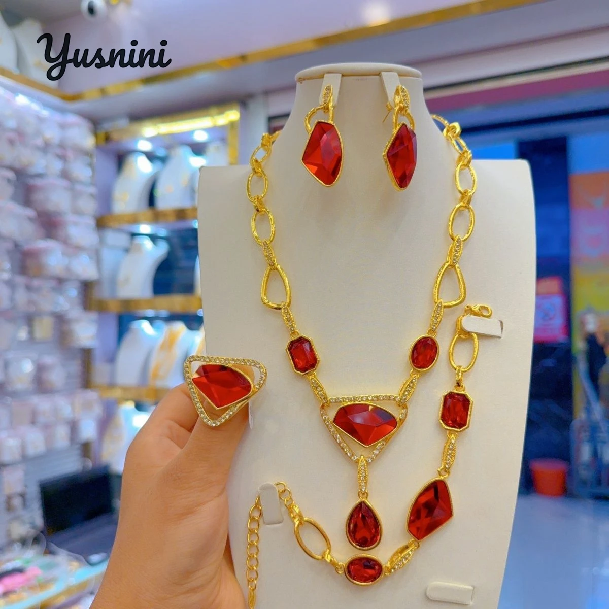 

New UK 24K Gold Plated Necklace, Earrings, Rings, Bracelets, Wedding Party Jewelry Set, Holiday Gift for Women YY10765