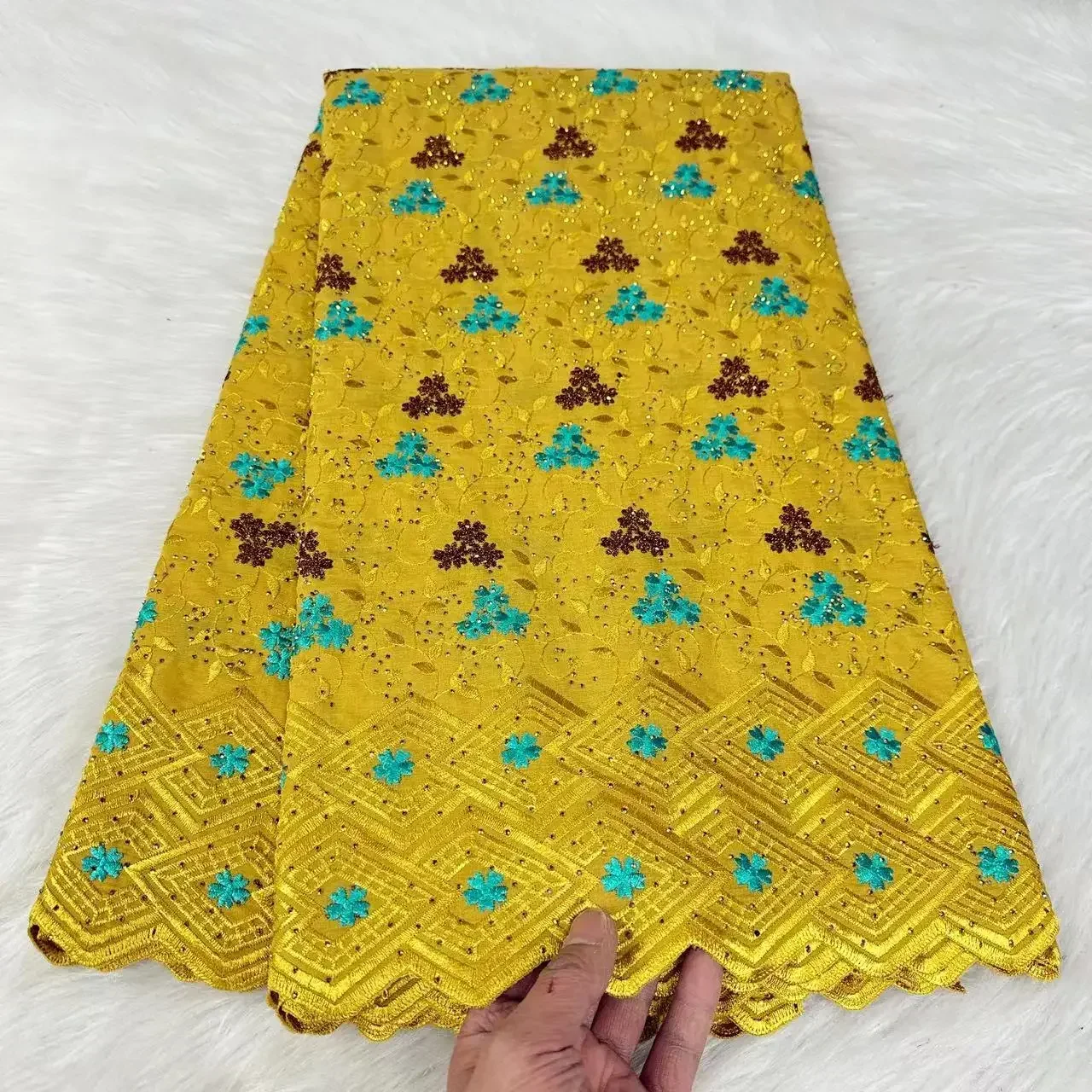 Yellow African Cotton Embroidered Fabric Lace Nigerian Fabric Rhinestone Design High Quality 2024 Sewing Skirt Material 5 yards