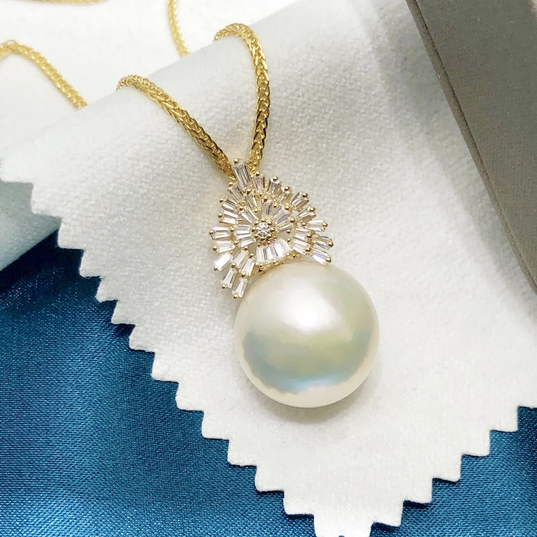 JY Fine Jewelry Solid 18K Gold 15-16mm Australia Origin Salt Water White Pearls Pendants Necklaces for Women Presents