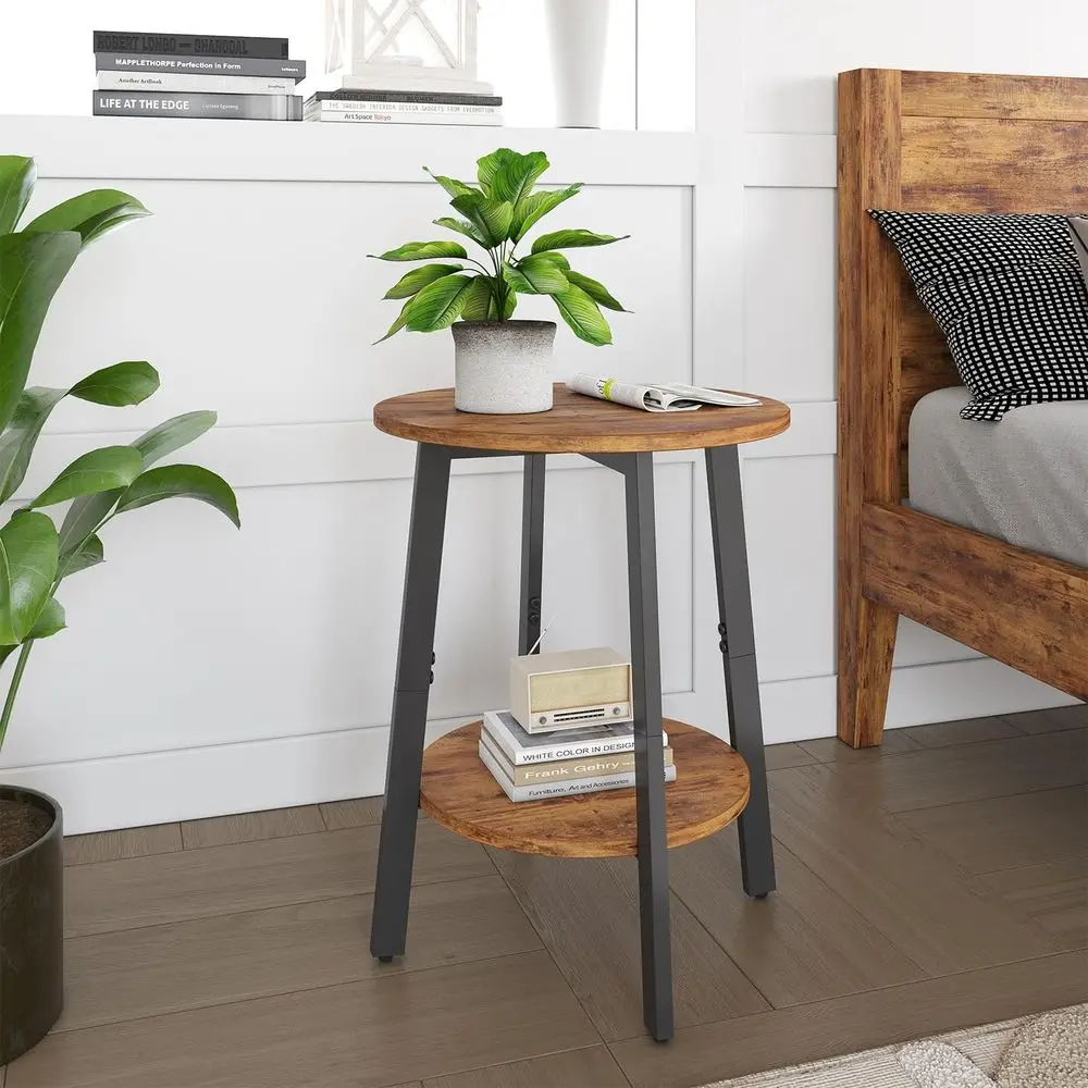 Small Round End Table with Storage Shelf for Small Spaces, 2-Tier Bedside Table, Round Accent Table for Sofa Couch, Nightstands