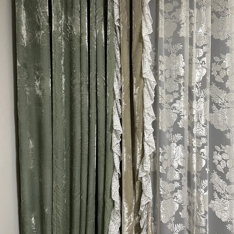 French Romantic Velvet Thickened Lace Splicing Blackout Curtains for Living Room Bedroom Villa French Window Customized