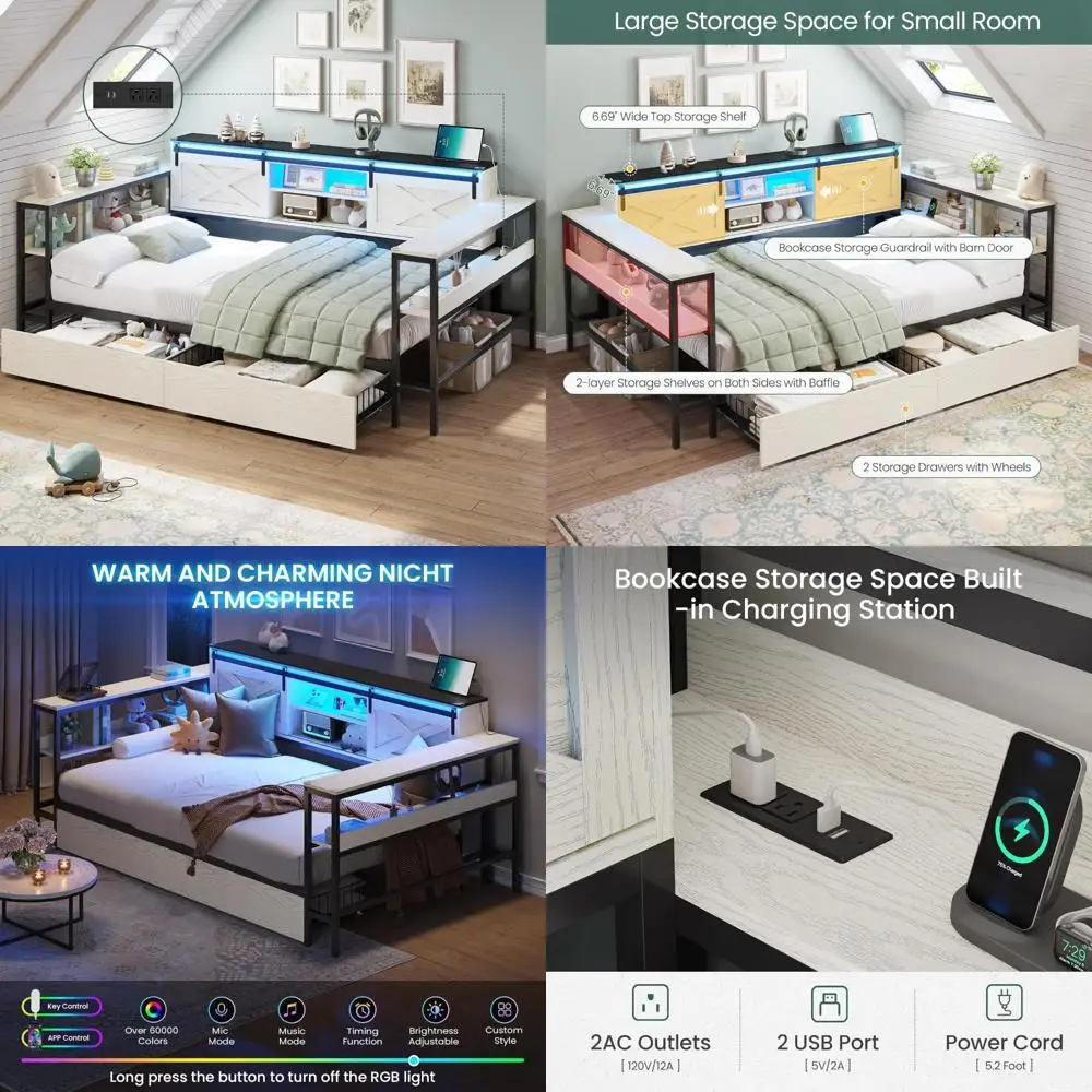 farmhouse style twin xl bed frame with storage drawers, charging station, and led lights