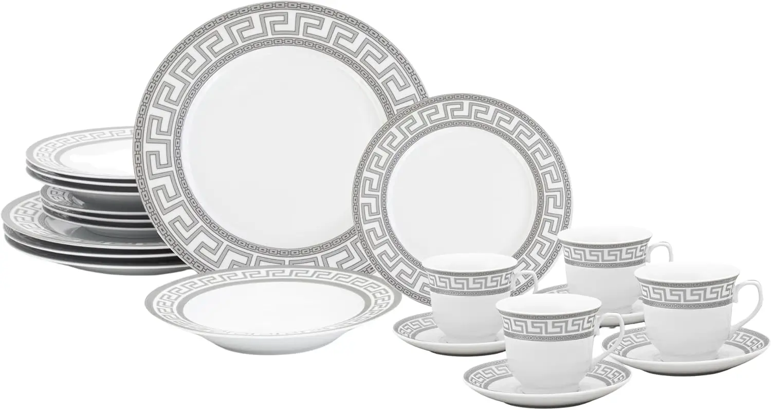 

Luxurious 20 Piece Dinnerware Set - Service for 4 - Vintage Silver Greek Key Edge Design - Elegant Ceramic Plates and Bowls - Cl