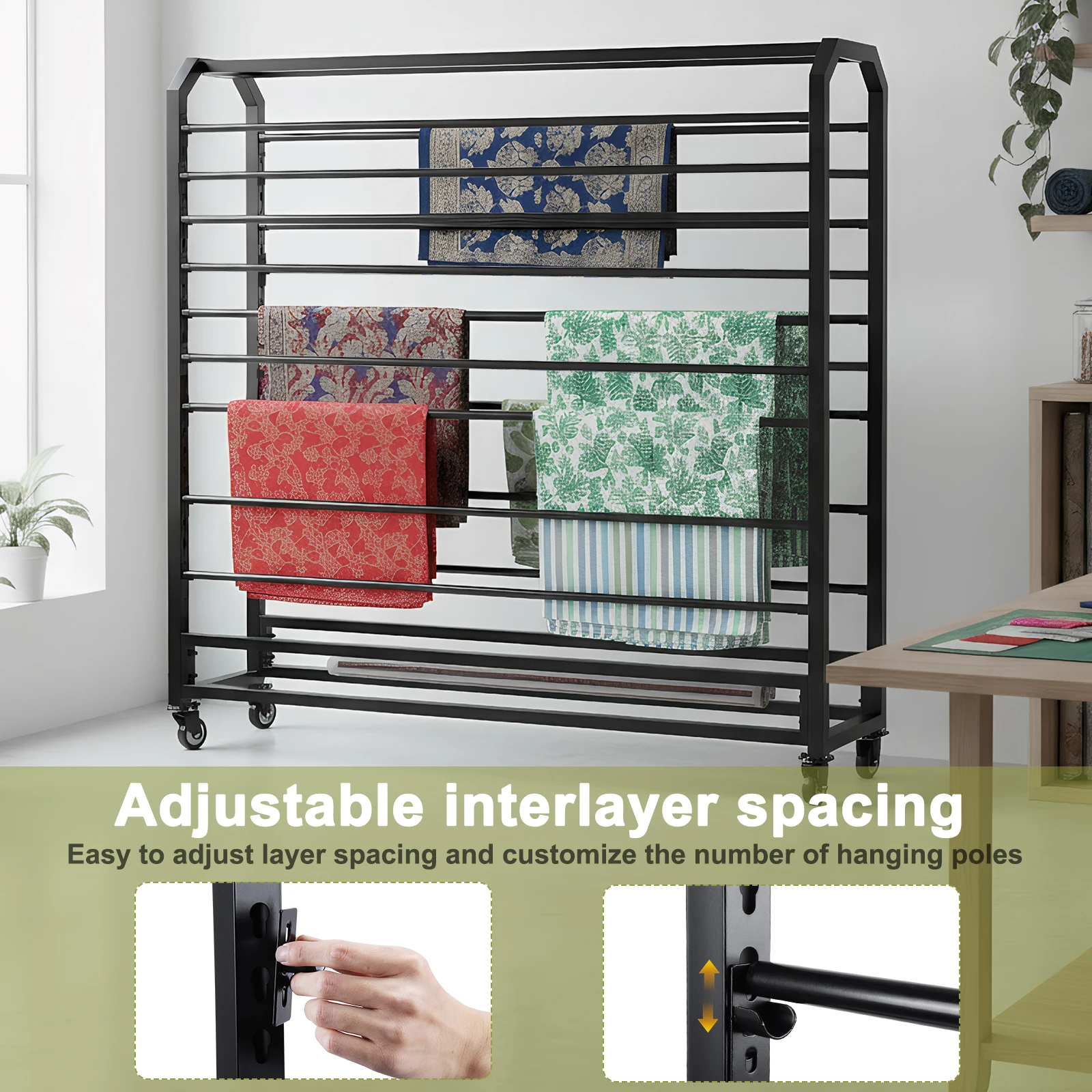 

Передвижной органайзер-держатель на 16/18 штанг с регулируемыми подвесными штангами и колесиками для рулонов бумаги, штор, обоев, скатертей