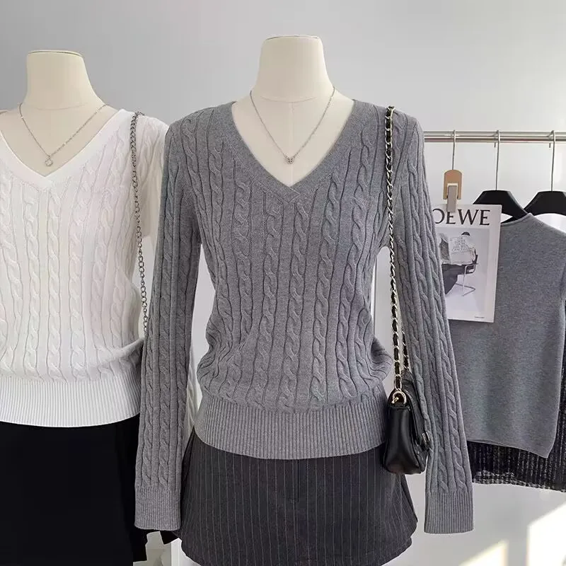

Spring Autumn V Neck Twisted Sweater Women Long Sleeve Solid Color Knitted Tops Pullovers Jumpers