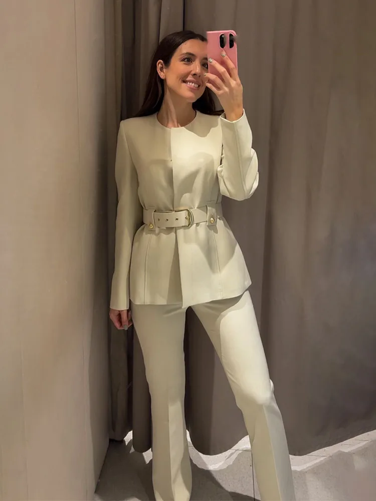 HH أزياء المرأة طويلة الأكمام زر مع حزام البدلة سترة عالية الخصر ضئيلة س الرقبة سستة جيوب السراويل الصلبة 2 قطعة مجموعة #1