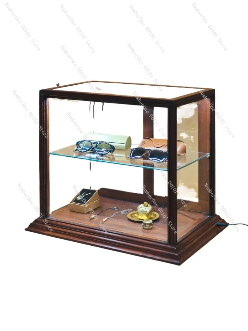 Vintage Solid Wood Glass Display Cabinet Double Layer Storage Showcase for Figurines Collectibles Coffee Shop Dessert Bakery