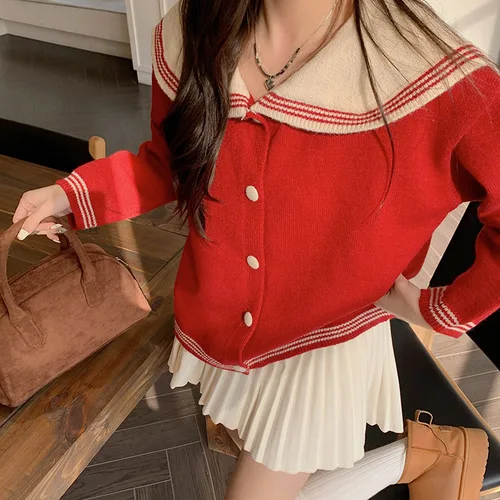 한국 스타일 니트 한국 스타일 네이비 칼라 루즈핏 여성용 격자무늬 니트 스웨터 루즈핏 여성용 한국 스타일 니트 스웨터 니트 