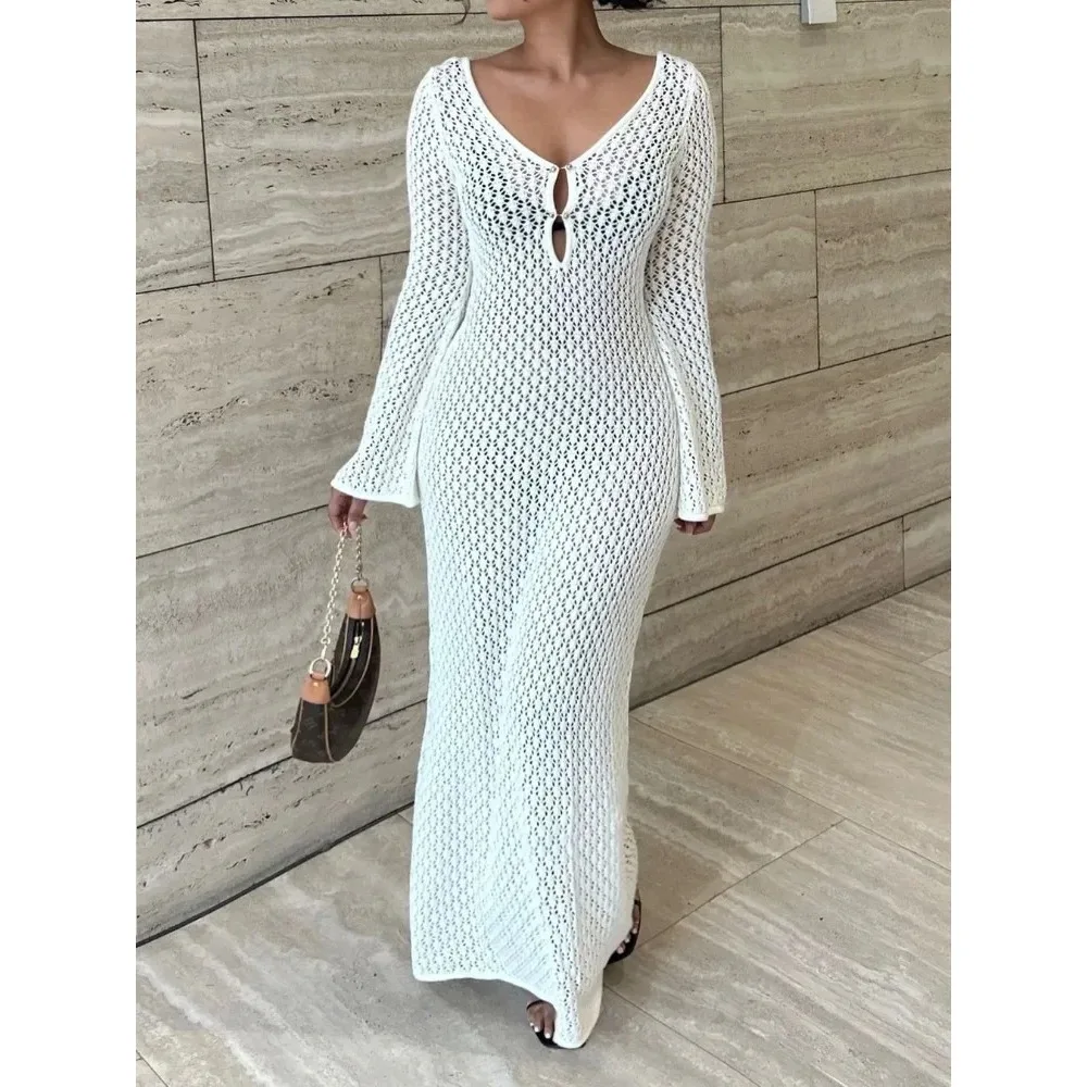 

FEIXUE White Knit Fashion Cover up Maxi Dress Female See-Through V-Neck Hollow Out Beach Holiday Dress Knitwear Backless Dress