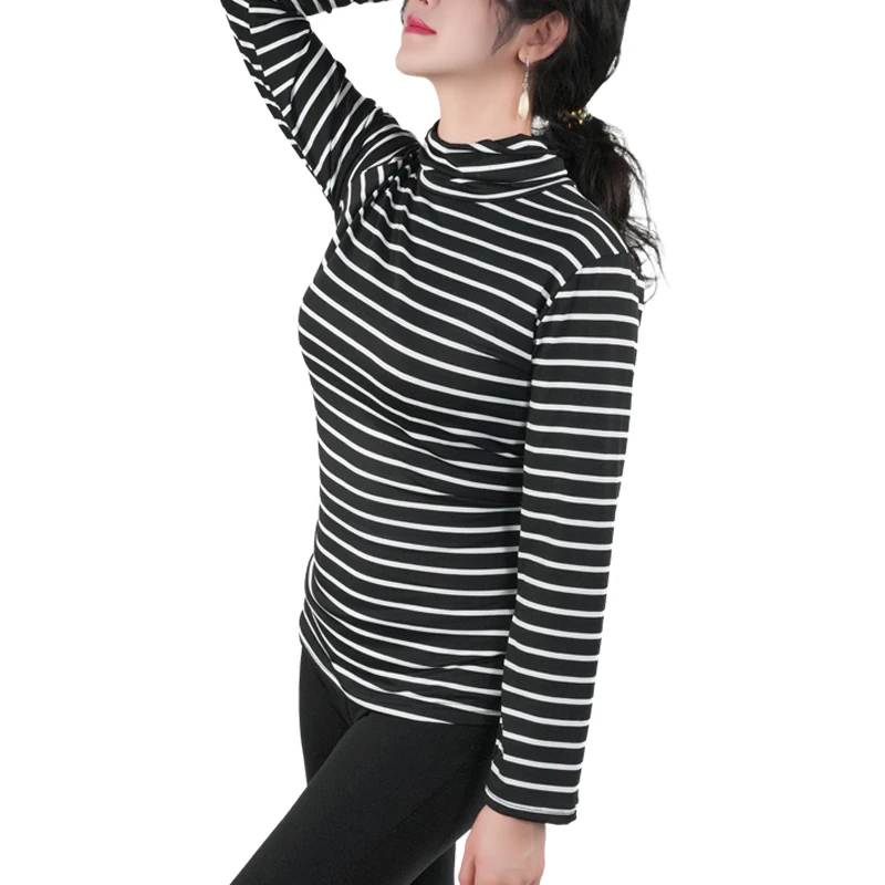 1pcs Women Spring Autumn Classic Stripe Thin Warm Long-sleeved T-shirt Fashion High Collar Slim Elastic Thermal Knitting Top