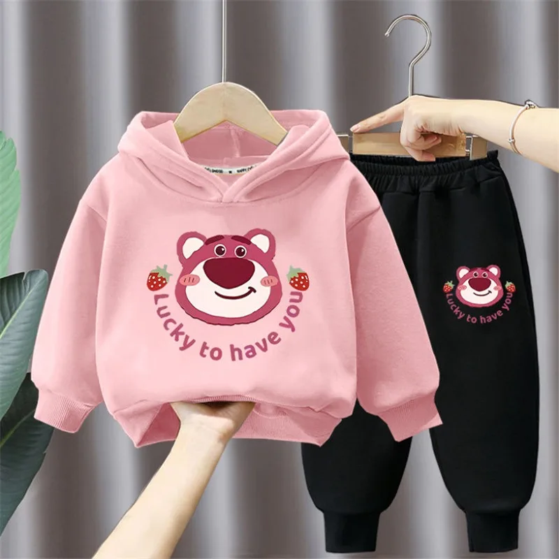 

Sweet Lotso Kawaii Miniso Anime Long Sleeve Hooded Pants Set Spring Autumn Cute Strawberry Bear Children Fashion Clothing Gifts