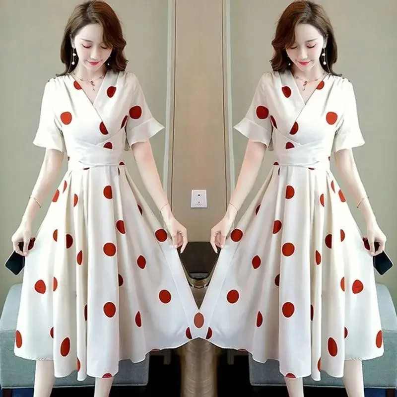 Women's Casual Chiffon Party Dress Short Sleeve T Shirt 2025 Summer New Korean Style Office Polka Dot Dresse for Women Clothing