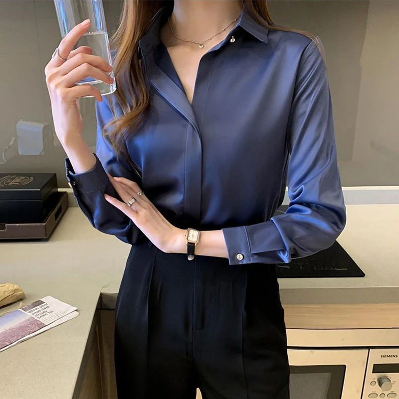 Satin Women Shirt Long Sleeve Fashion Woman Blouse Solid Top Female Shirts and Blouse Basic Button Blue Ladies Tops New