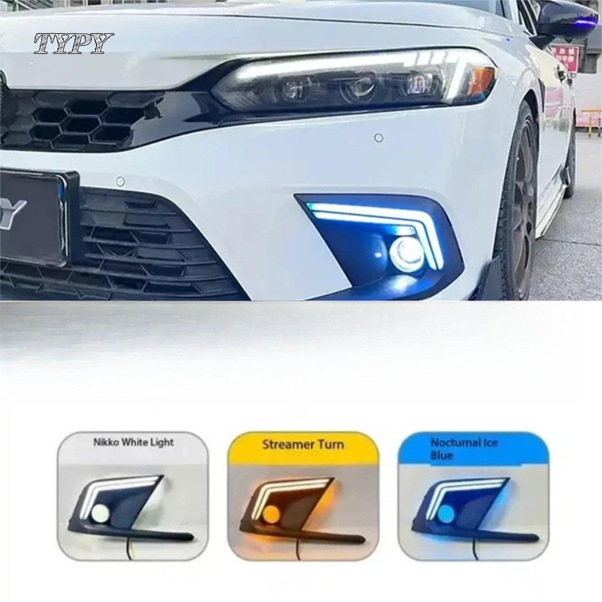 

Автомобиль, модифицированный для Honda 11th Civic, трехцветный светодиодный DRL дневные ходовые огни с желтым указателем поворота, новый звуковой сигнал, противотуманная фара