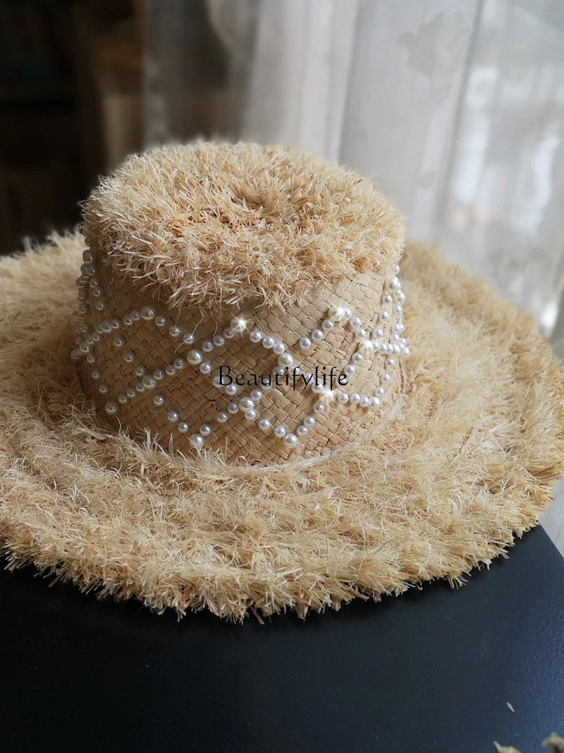 

Elegant Pearl Straw Hat with Raw Edges Women's Hat Fashion Trendy Summer Vacation Boutique Heavy